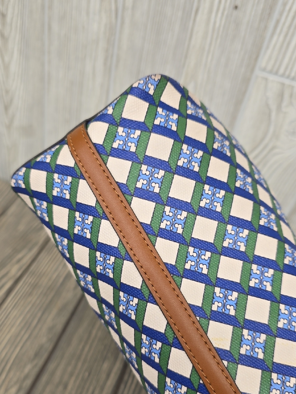 Tory Burch Tote Bag with Blue Green Lattice Pattern and Brown Trim - Picture 8 of 12